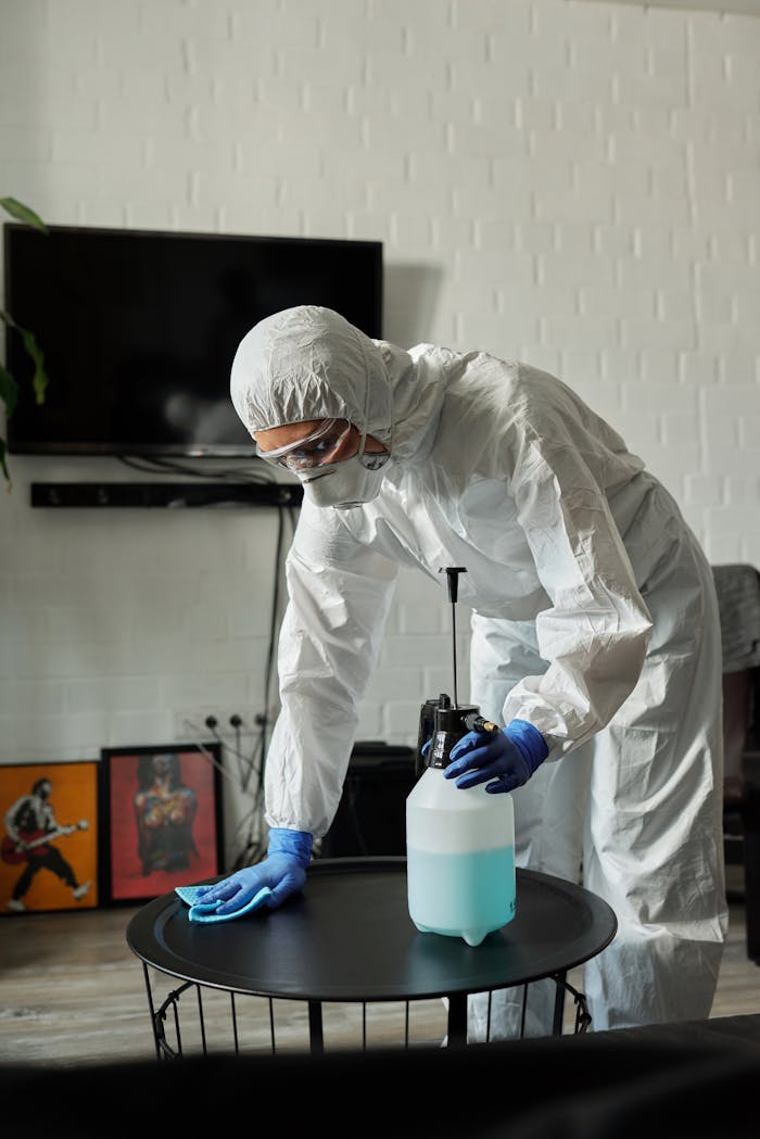who-we-are Person in protective gear cleaning a living room table with disinfectant.